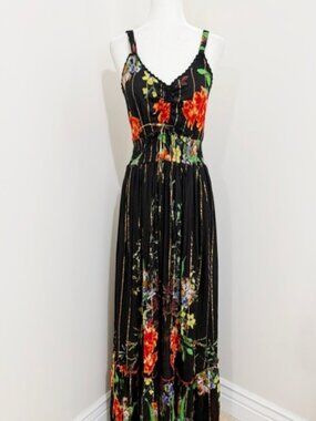 Me 2 Magic Anthropologie Sleeveless Maxi Boho Dress Black Floral Size M